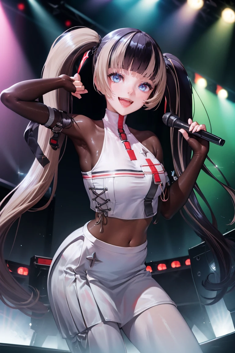 masterpiece, best quality, absurdres, RadenRegloss, twintails, white crop top, (bodystocking:1.2), white pants, detacheds sleeves, on stage, smile, :d, holding microphone, showlights, audience, <lora:JuufuuteiRaden:1>