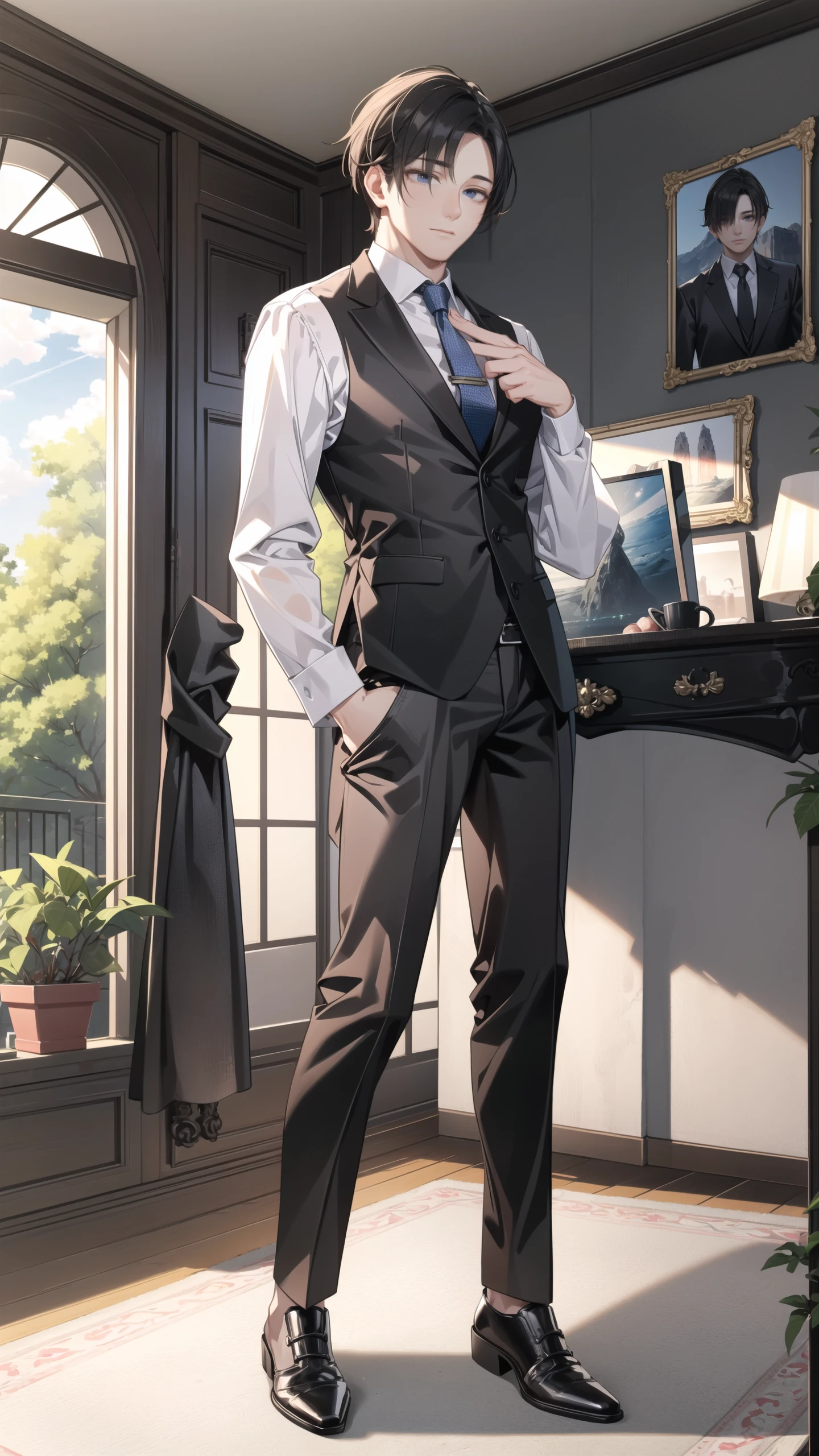 (masterpiece:1.2), (best quality:1.2), (extremely detailed:1.2), (photorealistic:1.2),(illustration:1.2),(beautiful and aesthetic:1.3),beautiful scenery,(Masterfully crafted Glow,lens flare),
(realistic:1.3), (extremely intricate:1.2), (photorealistic:1.4), (extremely delicate), (ultra realistic:1.3),(hyperrealistic 3d render), hyperrealistic photography, extremely detailed CG unity 8k wallpaper, HDR, RAW photo, dslr,
ceo,1male,mature male,solo,male focus,(full body:1.3),standing,black hair,side-split bangs,slender eyes,low brow, square jaw,(tanned brown skin:0.9),close mouth, formal,collared shirt,necktie,open jacket,black suit,black blaze,black pants,tall muscular guy,handsome face,sharp focus, wide shot,
day,indoors, living room, (intricately detailed visible background:0.6),((caustic)), floor windows, blue sky, curtains,table, couch, building, plant,reflective floor, cloud, wooden floor, dramatic shadow,bookshelf, railing, carpet,vase, hanging pictures, potted plant,
colourful,(Cinematic masterpiece),splashes of colour,beautiful, (center focus), symmetrical,(detailed glow),(intricately detailed visible background:0.6),ambient occlusion,diffuse lighting,fantasy, highly detailed, photorealistic, digital painting, artstation, illustration, concept art, smooth, modern and trendy,
<lora:3male_moon:0.7>