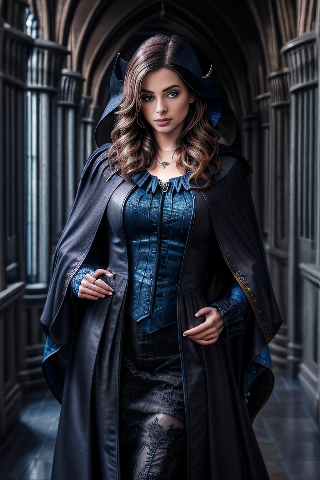 <lora:4sh13y_25A-final:0.9>,a professional photograph of beautiful (4sh13y:1.1) woman,as a professor at Hogwarts,wearing a (Ravenclaw magician cloak:1.4),holding up an exquisite carved magic wand,standing in a long hallway,with gothic stone archways,with stained glass windows,(dramatic pose:1.2),perfect hair,lipstick,makeup and eyeshadow,wearing pewter jewelry,(looking at viewer),(closeup shot),sharp focus,detailed eyes,depth of field,(highly detailed),(HDR),(8k wallpaper),intricately detailed,highres,absurdres,hyper realistic,8K UHD DSLR,Fujifilm XT3,majestic,taken with (Canon EOS 1Ds camera),,extremely intricate,dramatic,4k textures,elegant,(cinematic look),hyperdetailed,