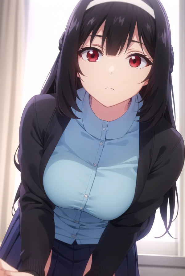 kareninukai, <lora:karen inukai s1-lora-nochekaiser:1>,
karen inukai, long hair, black hair, (red eyes:1.3),
BREAK skirt, school uniform, pleated skirt, hairband, black pantyhose, cardigan, white hairband,
BREAK indoors, classroom,
BREAK looking at viewer,
BREAK <lyco:GoodHands-beta2:1>, (masterpiece:1.2), best quality, high resolution, unity 8k wallpaper, (illustration:0.8), (beautiful detailed eyes:1.6), extremely detailed face, perfect lighting, extremely detailed CG, (perfect hands, perfect anatomy),