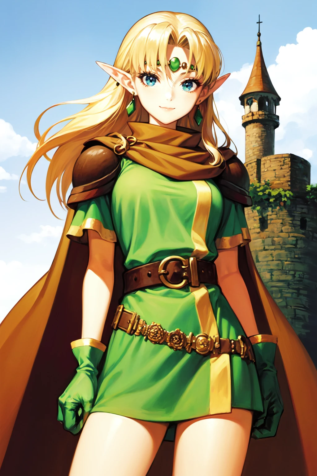 yuuki nobuteru, 1990s \(style\), elfmyst, 1girl, solo, circlet, earrings, cape, shoulder armor, short dress, gloves, belt, green gloves, closed mouth, short sleeves, cowboy shot, smile, closed mouth, fortress tower, sky, outdoors, <lora:elfmyst_V2-10:0.7> <lora:Yuuki_Nobuteru_Offset_(Style)_(RecordOfLodossWar):0.2>