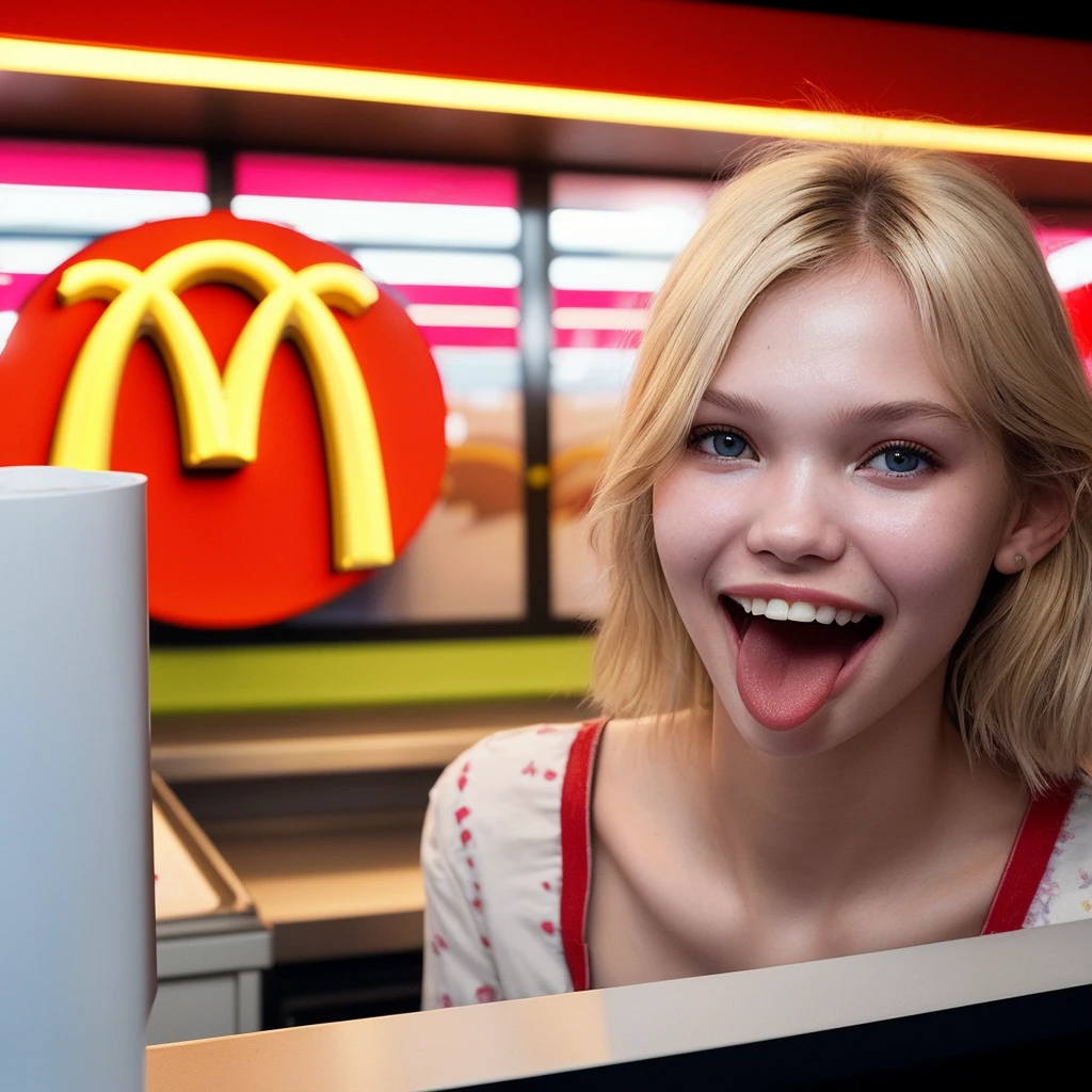 behind the counter of the mcdonalds restaurant, a photo of a girl sasha luss showing tongue , closeup photo, depth of field, dreamy, bokeh,sticking out her tongue with sadistic smile
