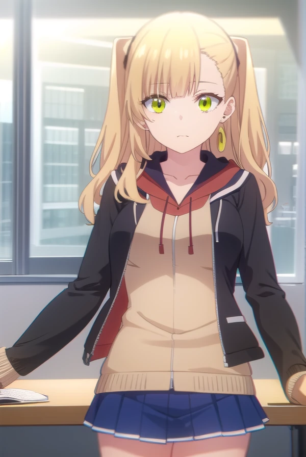 mikenekotani, <lora:mike nekotani s1-lora-nochekaiser:1>,
mike nekotani, long hair, bangs, blonde hair, (green eyes:1.3), fang, two side up,
BREAK skirt, jewelry, jacket, earrings, open clothes, hood, miniskirt, black skirt, blue skirt, hoodie, cardigan, open cardigan,
BREAK indoors, classroom,
BREAK looking at viewer,
BREAK <lyco:GoodHands-beta2:1>, (masterpiece:1.2), best quality, high resolution, unity 8k wallpaper, (illustration:0.8), (beautiful detailed eyes:1.6), extremely detailed face, perfect lighting, extremely detailed CG, (perfect hands, perfect anatomy),