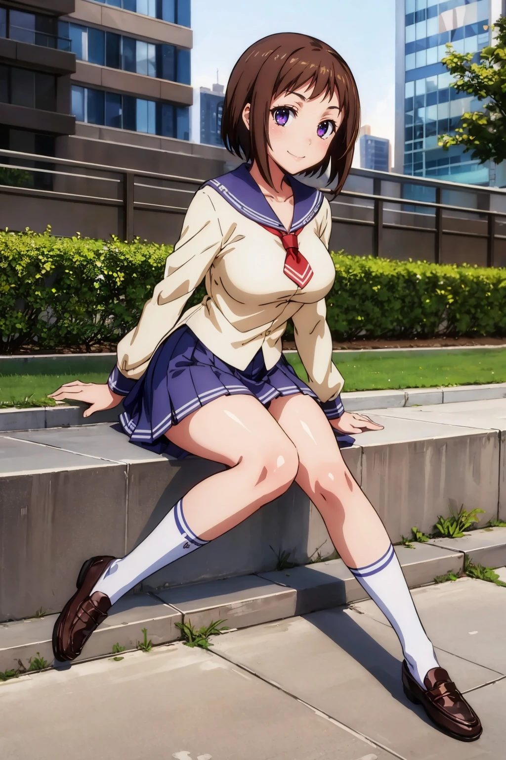 masterpiece, best quality, <lora:wakanaui-nvwls-v1-000010:0.8> wakana ui, serafuku, long sleeves, blue skirt, smile, looking at viewer, large breasts, sitting, loafers, socks, stairs, cityscape