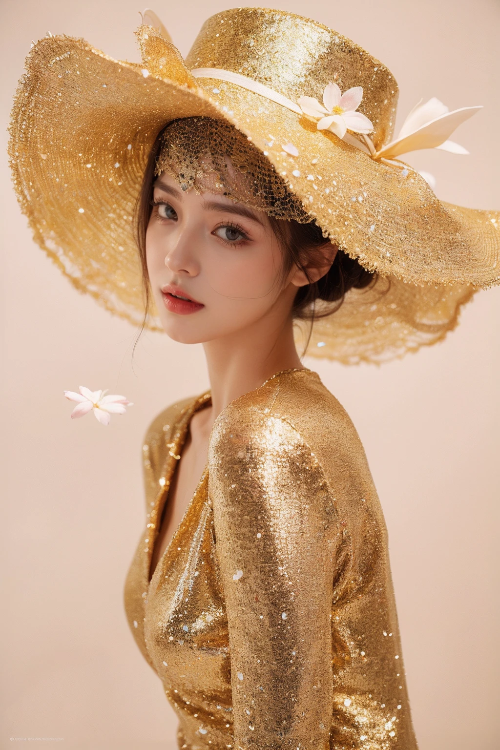 (1girl:1.1),stars in the eyes,(pure girl:1.1),(full body:0.6),There are many scattered luminous petals,contour deepening,white_background,cinematic angle,gold powder,<lora:jin_20231226224140-000003:0.7>,
