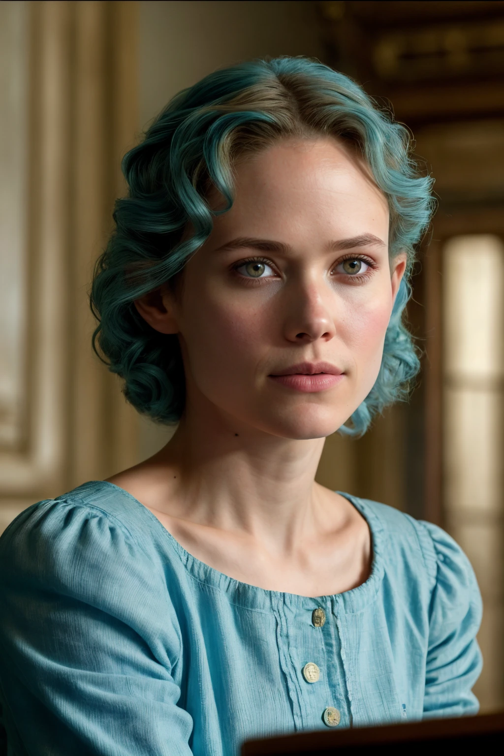 (Beauty photo:1.2) of n4nna, hair with blue highlights, wearing a yellow dress, sitting in a cinema watching a movie, (upper body framing:1.3), chiaroscuro,, (masterpiece, photorealistic:1.2), high quality, intricate details, highly detailed background, 8k
