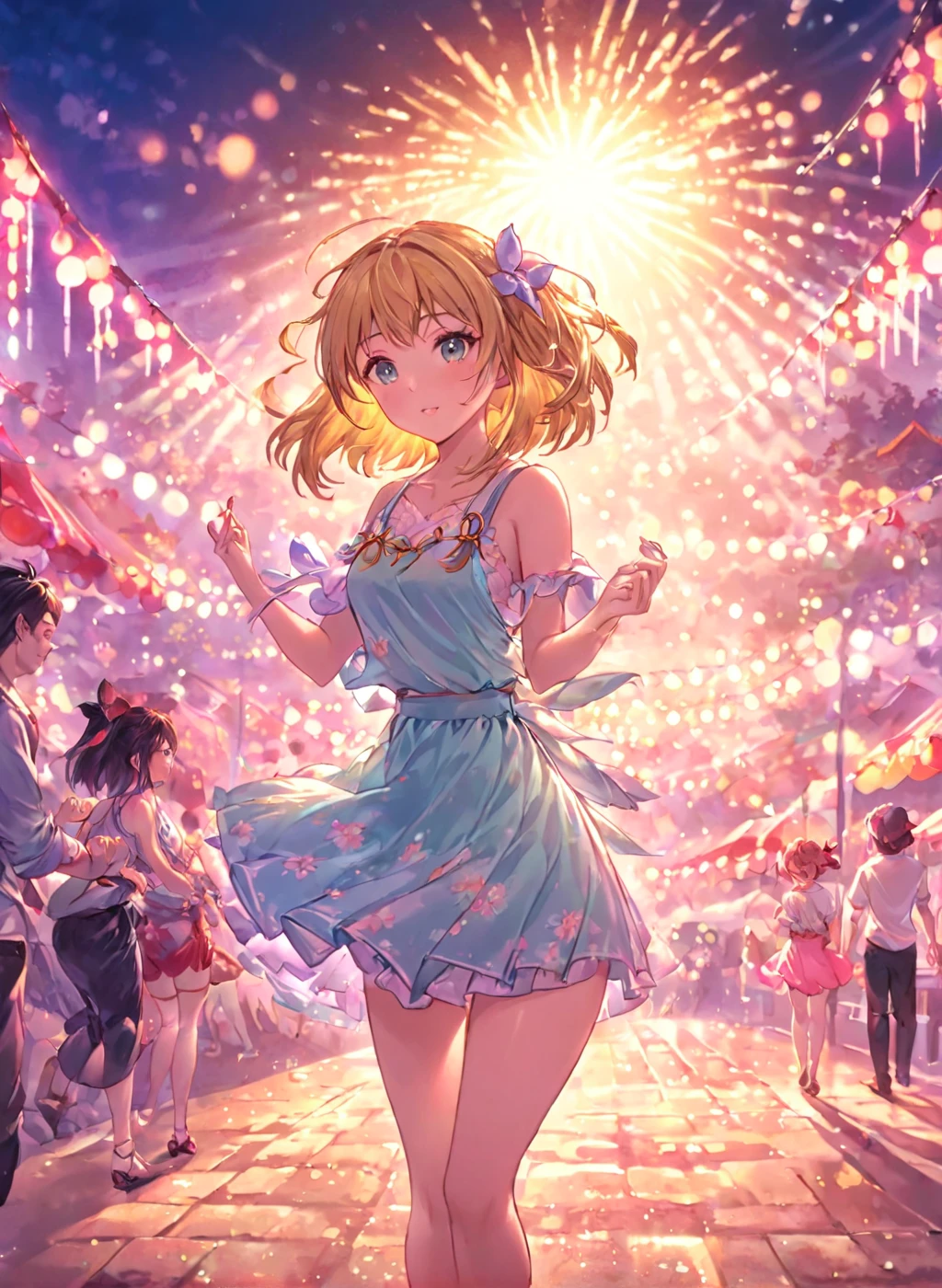 <lora:Granblue_Collection_XL_-_Illustration:1.15> pastel colors, at a japanese summer festival, (masterpiece), best quality, highres, 4k, 8k, cinematic lighting, amazing quality, amazing shading, soft lighting, Illustration, official artwork, anime style, wallpaper, official art