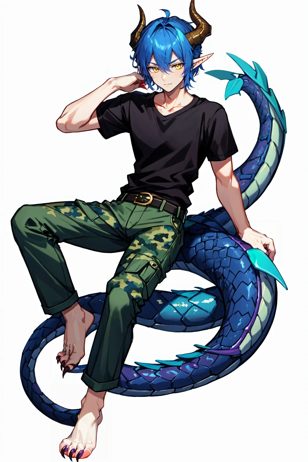 FallenAngels, solo, short hair, 1boy, slit pupils, sharp fingernails, dragon boy, scales, claws, dragon horns, dragon tail, hair between eyes, closed mouth, blue hair, tail, full body, yellow eyes, short sleeves, male focus, monster boy, animal feet, horns, barefoot, pointy ears, belt, pants, hand up, shirt, black shirt, t-shirt, camouflage, camouflage pants, sitting, invisible chair, simple background, white background, <lora:FallenAngels:0.5>