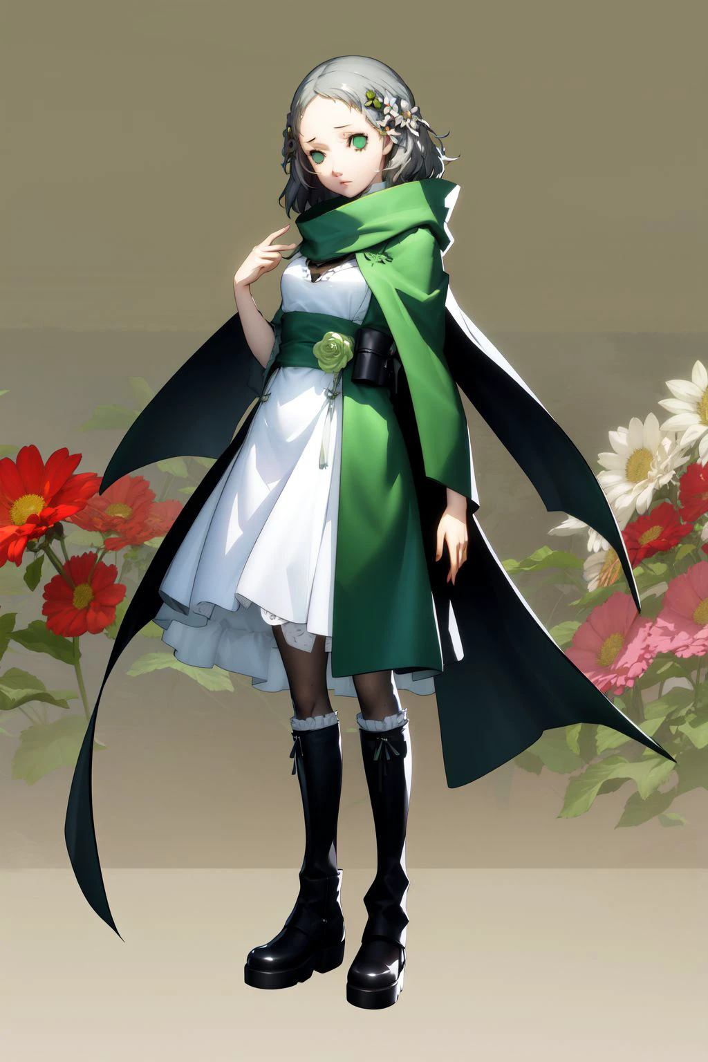 full body, solo, 1girl, withdrawn, medium breasts, grey hair, light green eyes, beautiful detailed face, dark green stole, dim light, Saxicola \(flower\), floral background <lora:Soejima_render_style_v01.09:1>