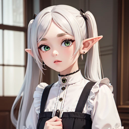 masterpiece,best quality,1girl,solo,<lora:testFRI-000004:0.6:lbw=KEEPCHAR>,earrings,elf,green eyes,jewelry,parted bangs,short eyebrows,white hair,twintails,thick eyebrows,pointy ears,housemaid,