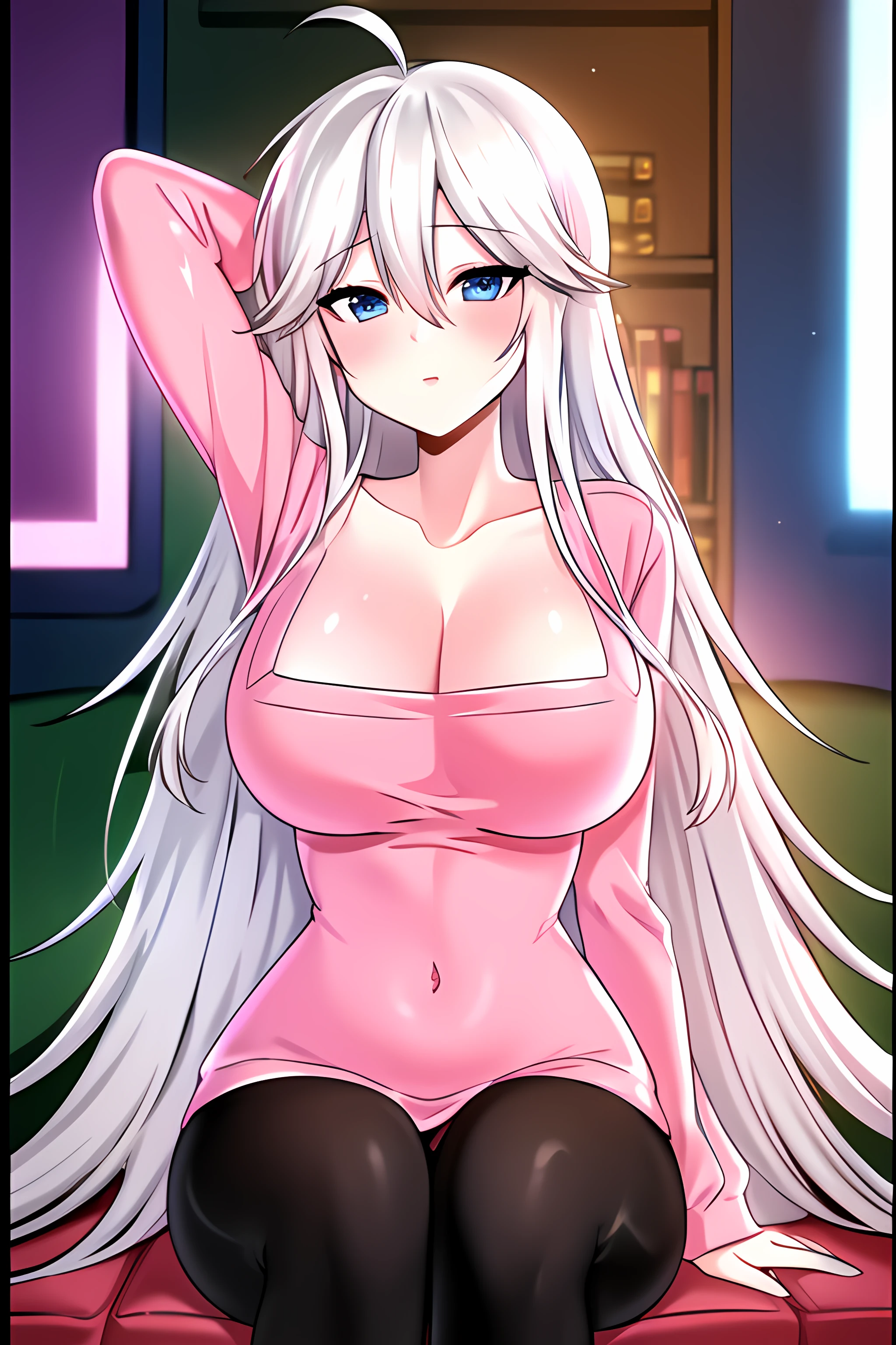 (( close、16k、highest quality、Attention to detail、Rich skin detail, Browsing Caution、change)),(((((Brown Skin)))))、(Muscular)、 (Beautiful Eyes), ((Huge breasts、Swollen nipples、Please raise your hand、Underarm))、 ((school uniform、Pink Panties、White shirt、Pink Ribbon、White knee socks、Skirt flip))))、(blue eyes)、((Gray Hair、Blunt bangs、Long Hair、Straight hair、Ahoge)),  ((blush、:d))、(Wide Hips、Thick thighs)、((((Embarrassing))))、((city))
