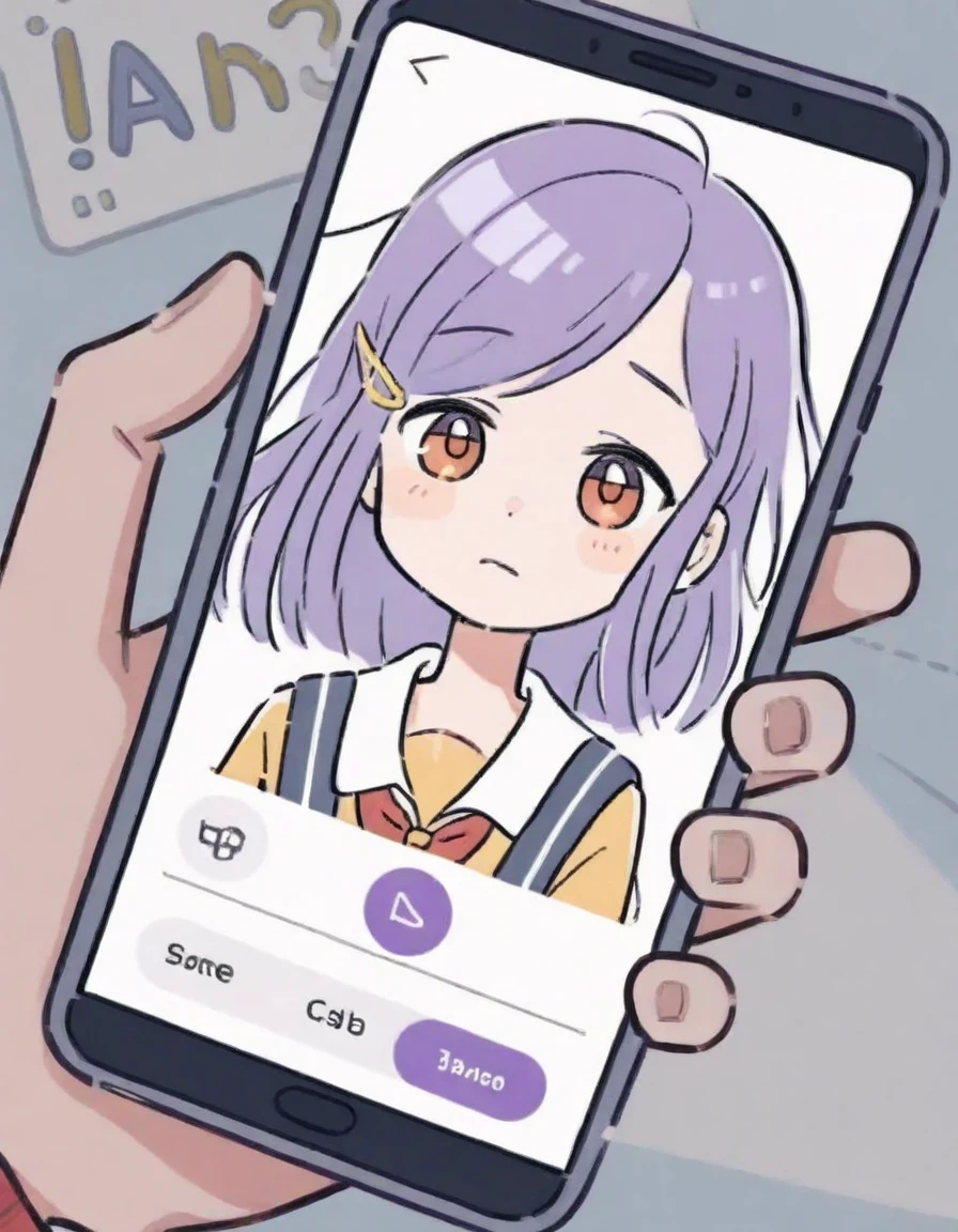 in smart phone screen ,The image depicts a cartoon-style character with purple hair at school <lora:tw_hgame:0.65>