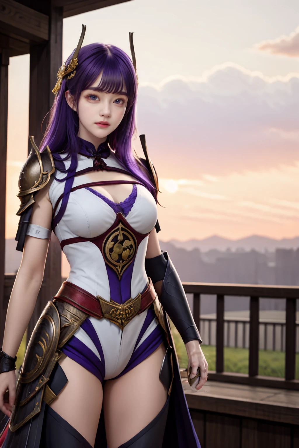 masterpiece,best quality,realistic,indoors,bed,window,1girl,raiden boss,solo,breasts,long hair,cleavage,armor,purple hair,looking at viewer,hair ornament,weapon,holding,thighhighs,bangs,standing,shoulder armor,medium breasts,
<lora:raidenboss:0.6>,