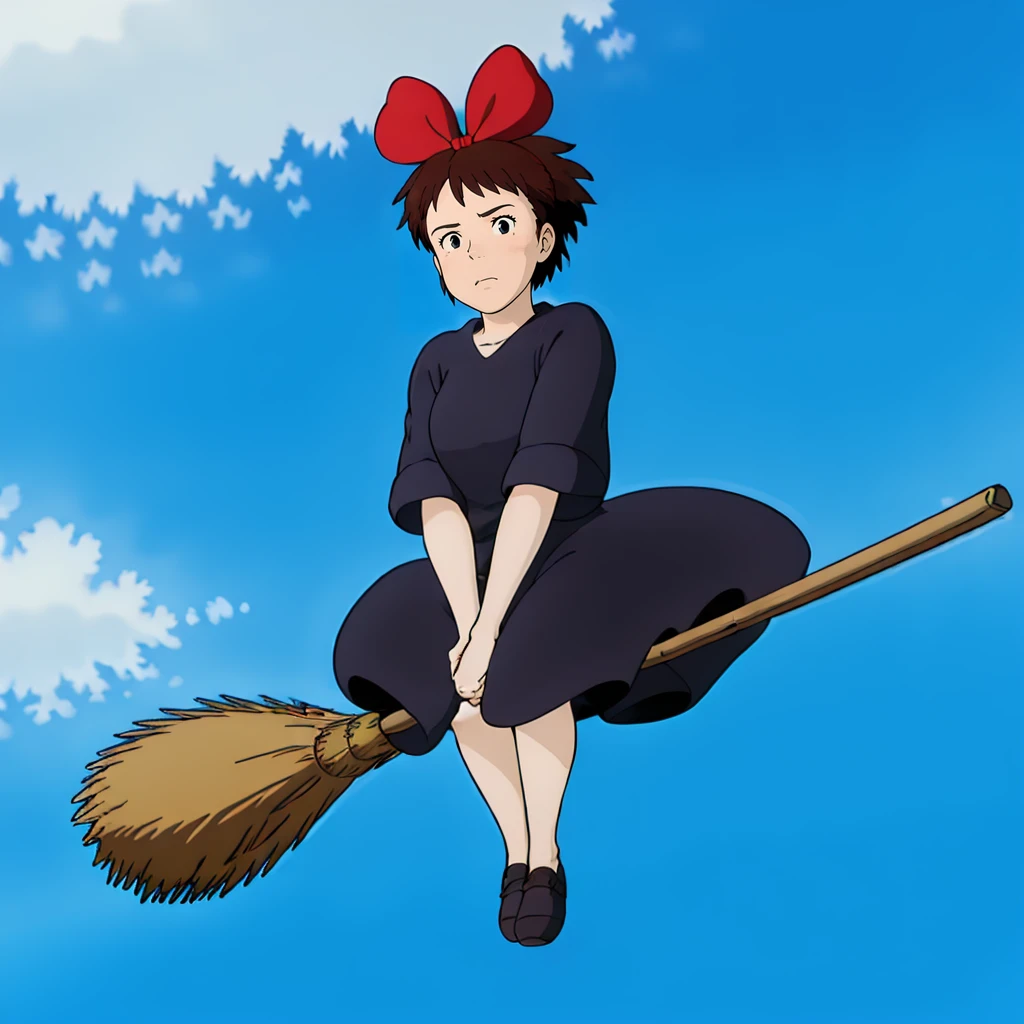 <lora:broom003:0.7>,
broom_sidesaddle_riding,
broom,broom riding,sidesaddle,sitting,from side,
blue sky,flying,
<lora:Kiki003:0.4>,
Kiki,1girl,
short hair,
brown hair,
black eyes,
hair bow,
black dress,
brown footwear,