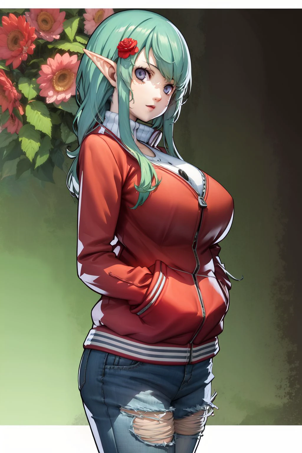 cowboy_shot, solo, 1girl, optimistic, huge breasts, aqua hair, dark purple eyes, beautiful detailed face, pink letterman jacket, sunbeam, Pixie_Carnation \(flower\), floral background <lora:Soejima_render_style_v01.09:1>