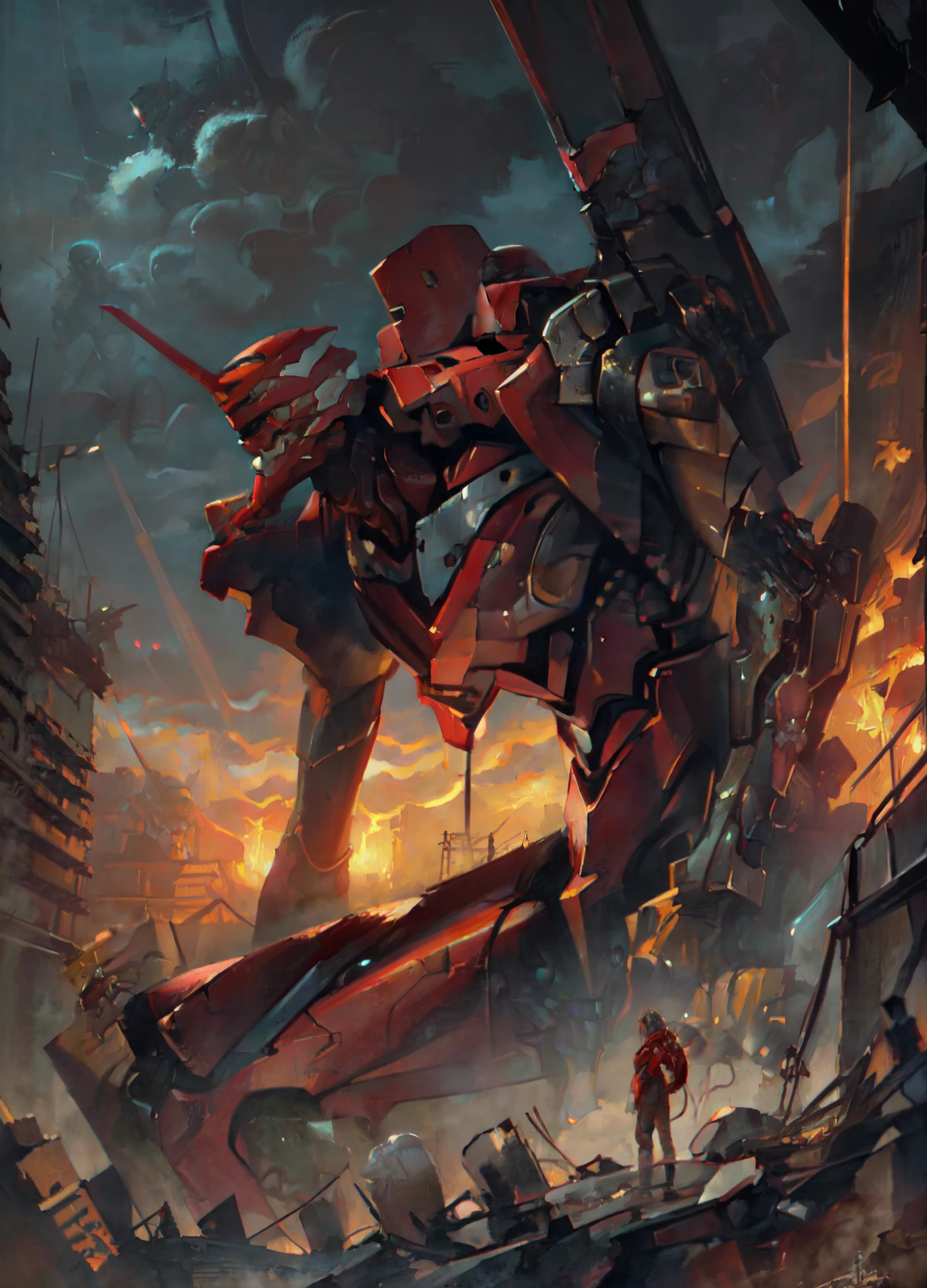 (masterpiece, best quality, ultra detailed, beautiful illustration), (oil painting:1.4), atmospheric perspective, (cinematic atmosphere, elaborate atmosphere:1.4), depth of field, looking at viewer, <lora:EVAIII:0.8> , eva 02, evagod, evangelion mecha, science fiction, one giant robot in the middle of a destroyed metropolis