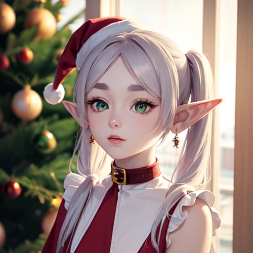 masterpiece,best quality,1girl,solo,<lora:testFRI-000004:0.8:lbw=KEEPCHAR>,earrings,elf,green eyes,jewelry,parted bangs,short eyebrows,white hair,twintails,thick eyebrows,pointy ears,
maid,christmas,santa_hat,christmas_tree,