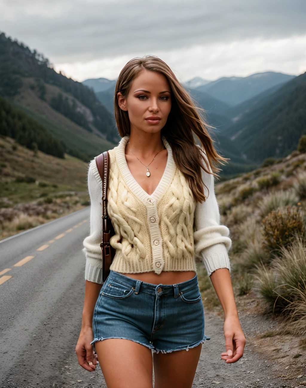 cinematic film still realistic, style raw, <lora:quiron_SandeeWestgate_v1_lora:0.77> SandeeWestgateQuiron woman Dressed in the (style of Pixel art Beastmaster fur outfit Athletic Mustard Sweater vest with Handgun) (with Windswept Plateau in the background ), Walking with hands in pockets, . shallow depth of field, vignette, highly detailed, high budget Hollywood movie, bokeh, cinemascope, moody, epic, gorgeous, film grain, grainy