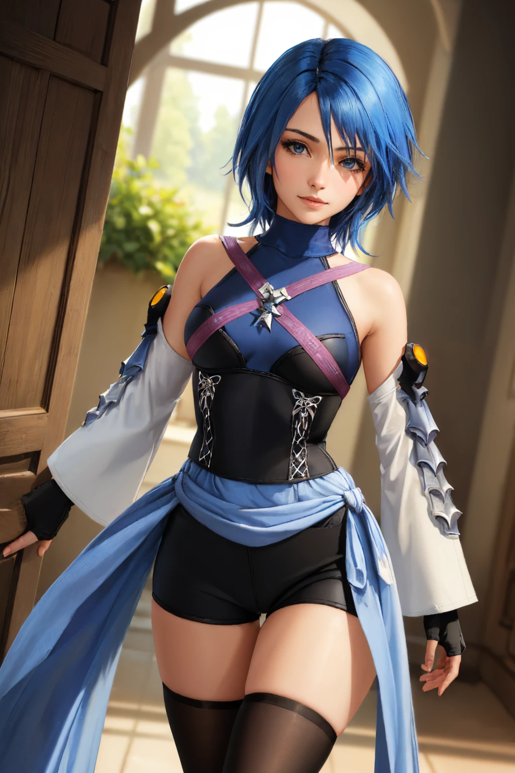 (masterpiece, best quality:1.2), solo, 1girl, khaqua, slight smile, looking at viewer, sleeveless, detached sleeves, fingerless gloves, shorts, black thighhighs, bare shoulders <lora:kingdomhearts_aqua-10:1>