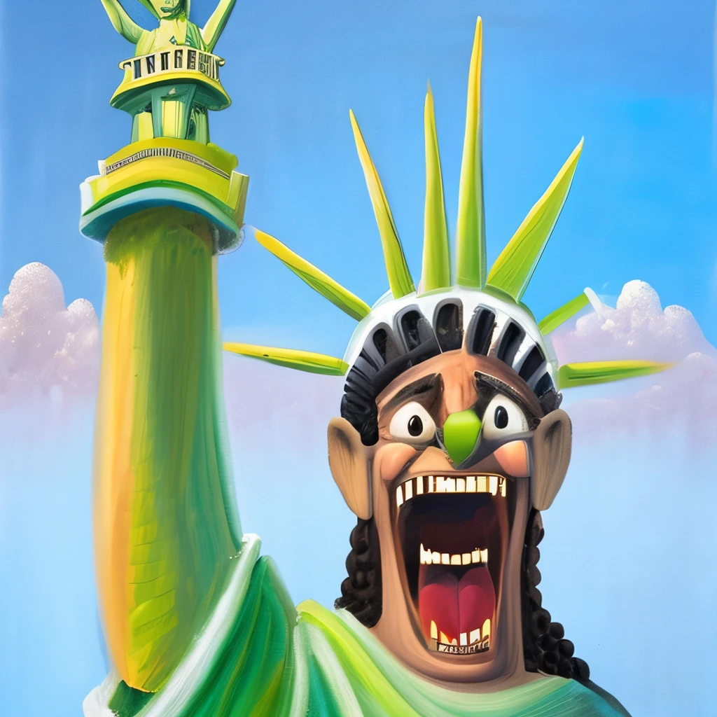 parody Statue of Liberty, Condoesque, oil painting, split mouth, (Statue of Liberty) <lora:condoesque:1.6>