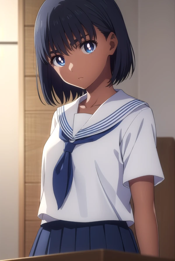 miokofune, <lora:mio kofune s1-lora-nochekaiser:1>,
mio kofune, short hair, blue eyes, black hair, dark skin, dark-skinned female, (bright pupils:1.5),
BREAK skirt, shirt, school uniform, white shirt, short sleeves, pleated skirt, serafuku, socks, blue skirt, white socks,
BREAK indoors, classroom,
BREAK looking at viewer,
BREAK <lyco:GoodHands-beta2:1>, (masterpiece:1.2), best quality, high resolution, unity 8k wallpaper, (illustration:0.8), (beautiful detailed eyes:1.6), extremely detailed face, perfect lighting, extremely detailed CG, (perfect hands, perfect anatomy),