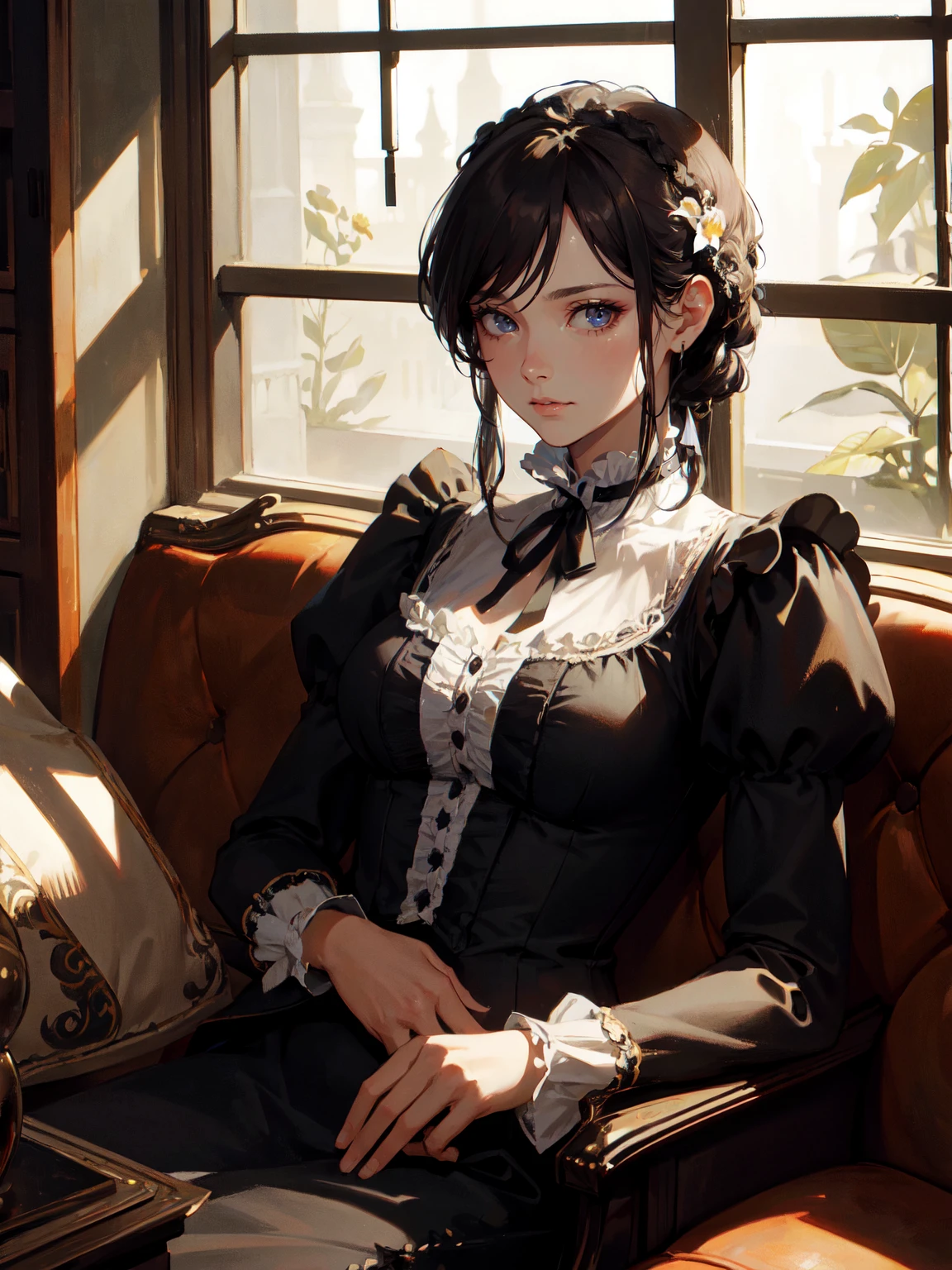 highres,absurdres,masterpiece,best quality, realistic,cowboy shot,
mature female,sharp eyes,gothic,victorian,
indoors Rococo sofa,window,flower,intense shadows,
