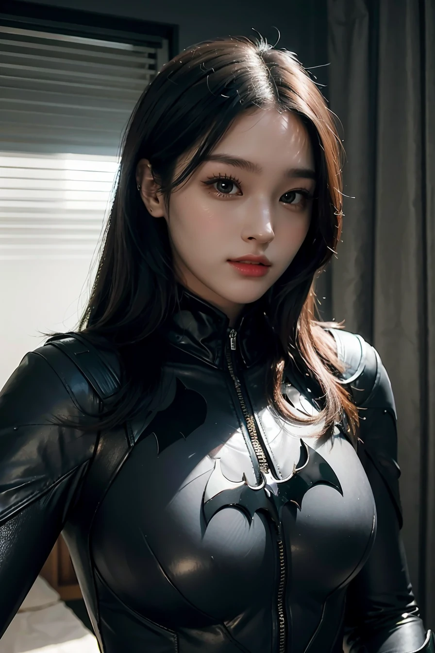 (masterpiece), best quality, perfect face, ray tracing, 1girl, the batman suit, <lora:aikuros-04:1>