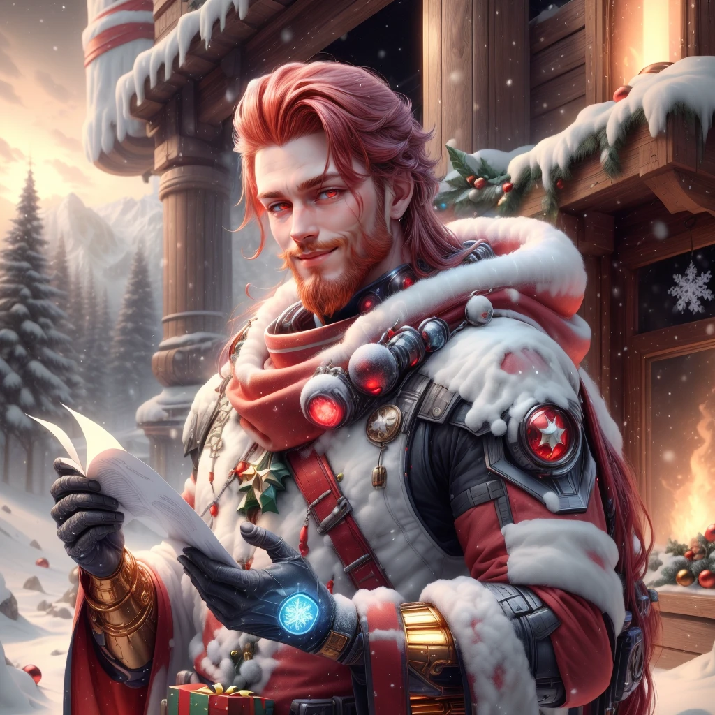 <lora:add_detail:0.8>,
<lora:XmasTech-20:0.8>, scifi, XmasTech,gold ,
holding a scroll, 1boy,long hair, red hair, glowing eyes, smile ,closed mouth, holding scroll,shaved beard, outdoors,