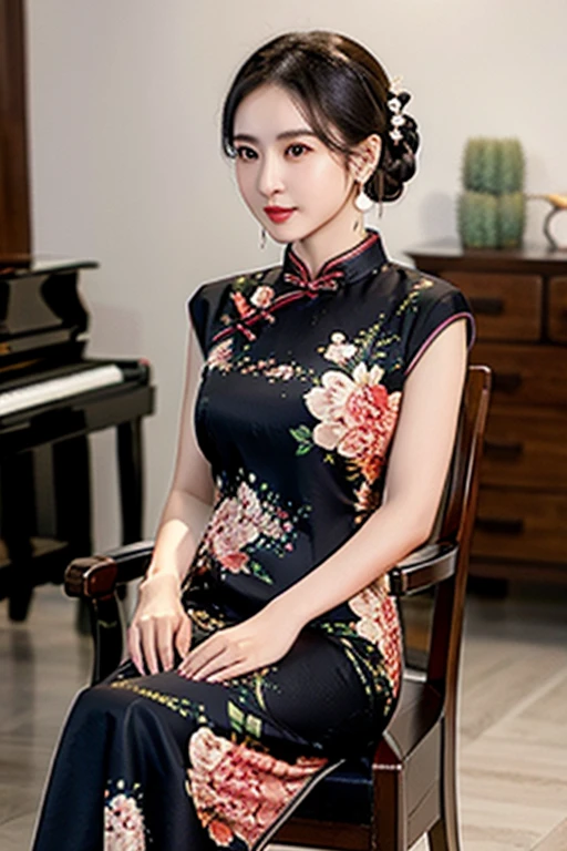 (masterpiece:1.2), best quality, masterpiece, highres, original,perfect light, 4k,8k,1girl, 3d, black hair, chair, china dress, chinese clothes, depth of field, dress, earrings, floral print, indoors, jewelry, makeup, own hands together, photorealistic, print dress, solo,<lora:æè¢:0.7>