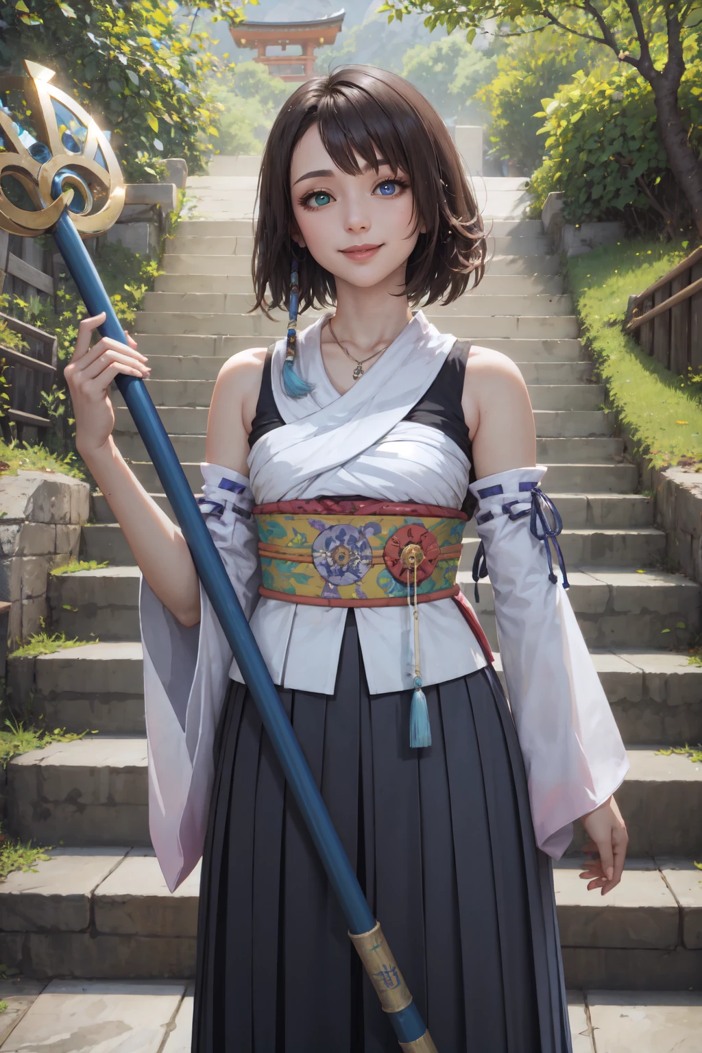 YunaX, heterochromia, detached sleeves, japanese clothes, sash, obi, hakama skirt, purple hakama, <lora:YunaV3:0.9>, seductive smile, outdoors, stairs, staff, holding staff,