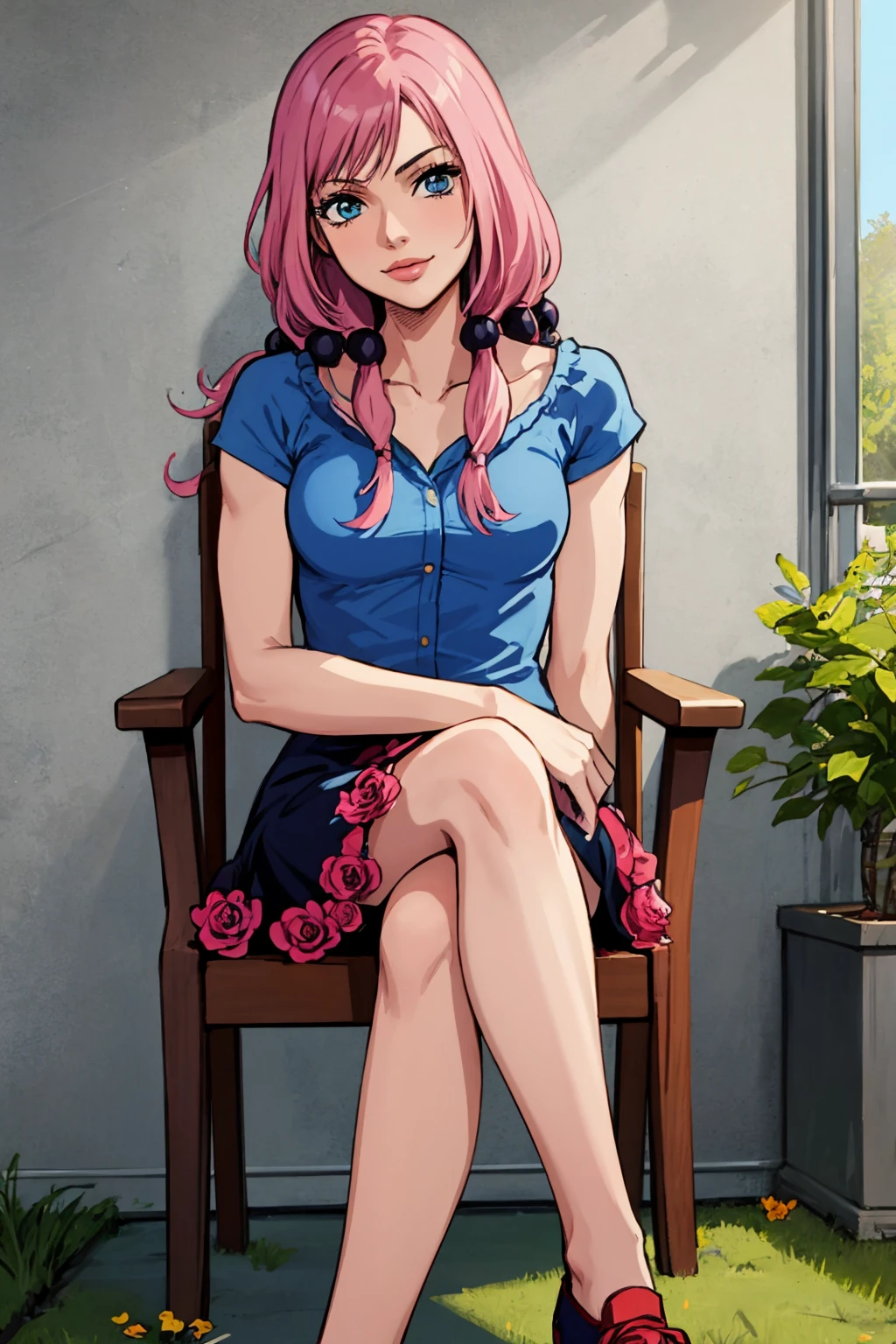 (masterpiece, best quality:1.2), solo, 1girl, hirose yasuho, slight smile, looking at viewer, sitting, crossed legs, chair, hair bobbles, blue shirt, short sleeves, skirt, flower <lora:jojo_hirose-10:1>