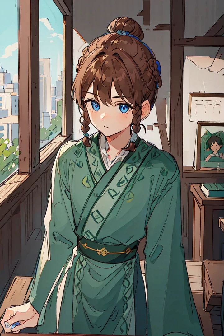 1boy, (Highest picture quality), (Master's work), (ultra-detailed), (Detailed eye description:1.2), (masterpiece, best quality, high quality, highres, ultra-detailed), solo, <lora:Hu-Jia:1>, dark blue eyes, brown hair, braids, asymmetrical bangs, (1bunch:1.3), (1bun on top of head:1.3), sits by the table, chinese room, books, very much books, scrolls, letter brushes