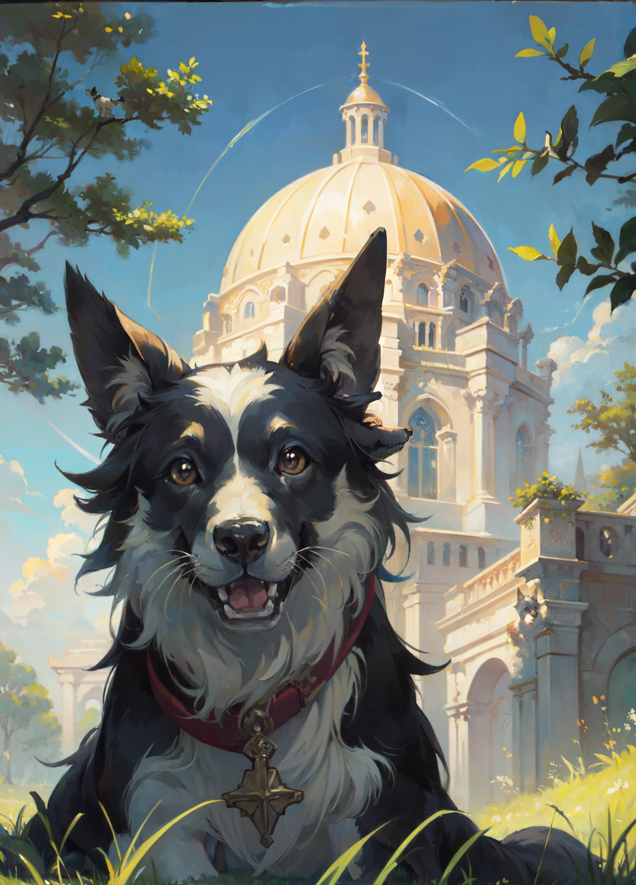 (masterpiece, best quality, ultra detailed, beautiful illustration), (oil painting:1.4), vibrant colors, atmospheric perspective, (summer atmosphere, elaborate atmosphere:1.4), depth of field, a border collie playing in the grass