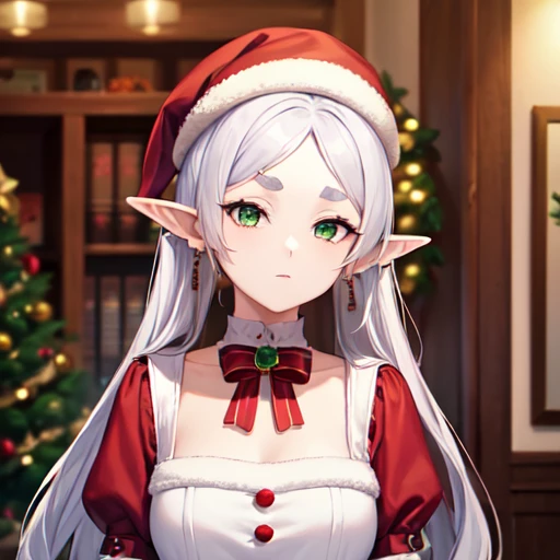 masterpiece,best quality,1girl,solo,<lora:testFRI-000004:0.8:lbw=KEEPCHAR>,earrings,elf,green eyes,jewelry,parted bangs,short eyebrows,white hair,thick eyebrows,pointy ears,
maid,christmas,santa_hat,christmas_tree,