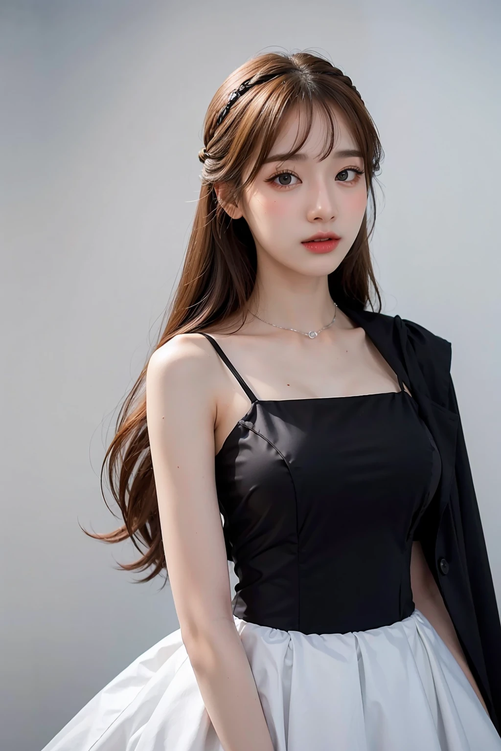 1girl, black  formal long dress,white background,   <lora:Mookpichana-04:1>
