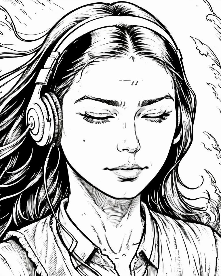 hedcut, a beautiful woman wearing white headphones, eyes closed meditating, close portrait cinematic <lora:Gaz_Ink_Test:1>