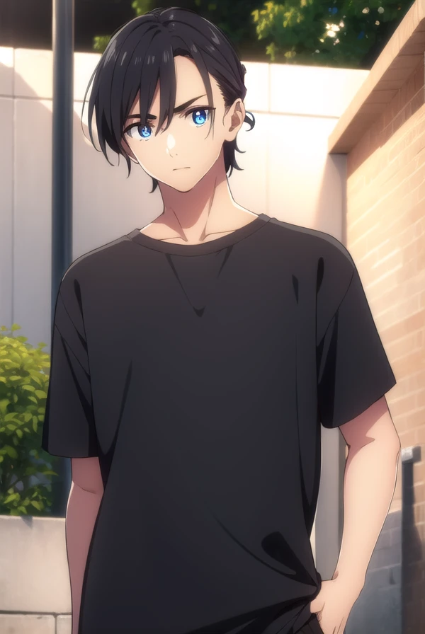 shinpeiajiro, <lora:shinpei ajiro s1-lora-nochekaiser:1>,
shinpei ajiro, black hair, hair between eyes, male focus, blue eyes,
BREAK short sleeves, pants, black shirt, t-shirt,
BREAK outdoors,
BREAK looking at viewer,
BREAK <lyco:GoodHands-beta2:1>, (masterpiece:1.2), best quality, high resolution, unity 8k wallpaper, (illustration:0.8), (beautiful detailed eyes:1.6), extremely detailed face, perfect lighting, extremely detailed CG, (perfect hands, perfect anatomy),