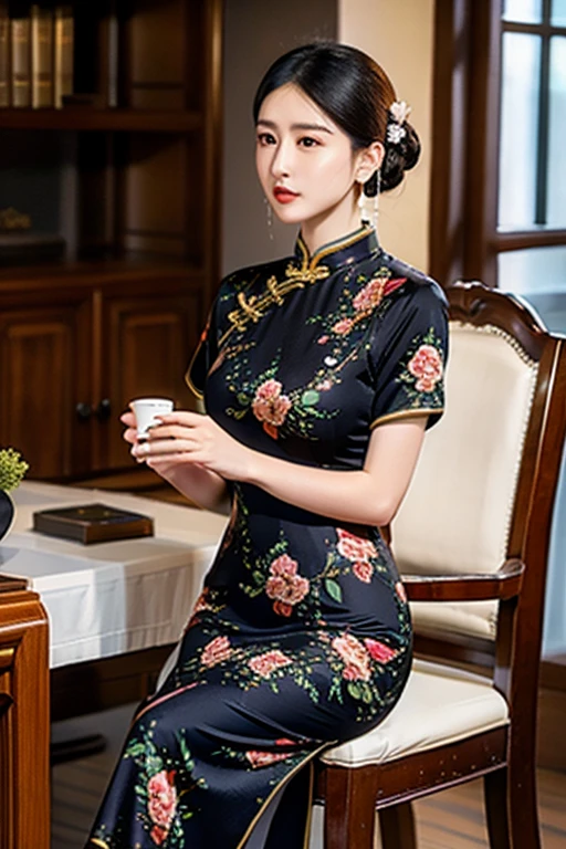 (masterpiece:1.2), best quality, masterpiece, highres, original,perfect light, 4k,8k,1girl, 3d, black hair, chair, china dress, chinese clothes, depth of field, dress, earrings, floral print, indoors, jewelry, makeup, own hands together, photorealistic, print dress, solo,<lora:æè¢:0.7>