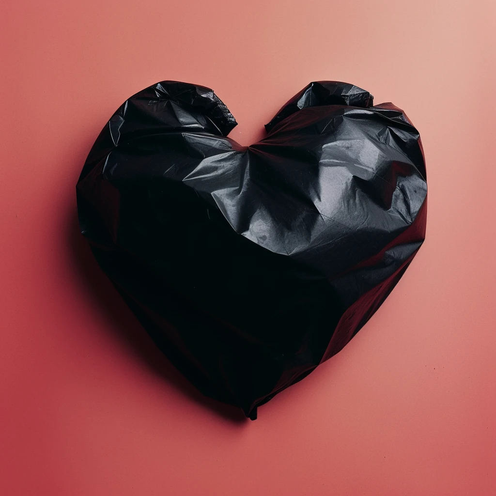 A photograph of a black garbage bag shaped in an even simpler, more abstract form of an anatomical human heart. T