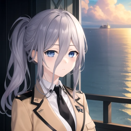 ((masterpiece)),(best quality),official art,extremely detailed CG,unity 8k wallpaper,ultra detailed,A lighthouse on a cliff by the sea,1girl,solo,upper body,(portrait:1.2),looking at viewer,murasame reine,grey hair,blue eyes,side ponytail,black skirt,white shirt,sleepy,deadpan,long hair,large breasts,beige jacket,military uniform,black necktie,hair between eyes,bags under eyes,black pantyhose,high heels,<lora:Murasame Reine(dal)>,<lora:Murasame Reine(dal):0.5>,