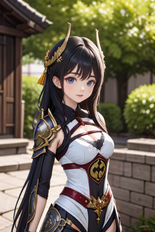 masterpiece,best quality,1girl,raiden boss,solo,breasts,outdoors,black hair,hair ornament,long hair,armor,looking at viewer,cleavage,bangs,medium breasts,day,sitting,
<lora:raidenboss:0.6>,