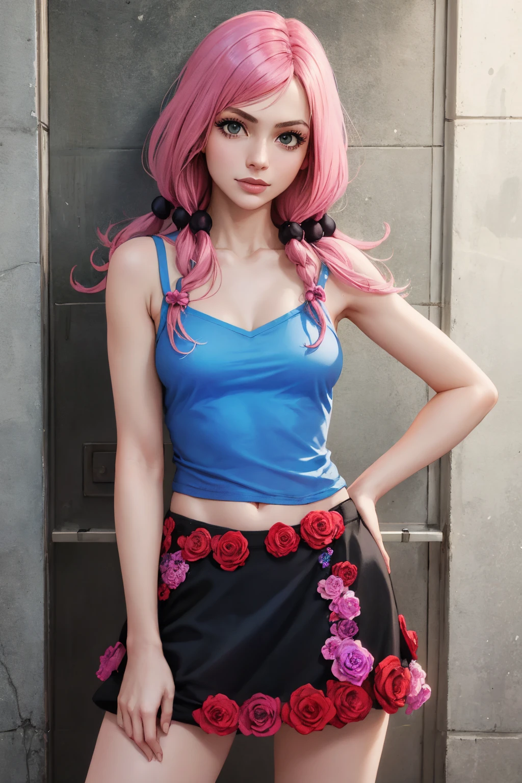 (masterpiece, best quality:1.2), solo, 1girl, hirose yasuho, slight smile, looking at viewer, hair bobbles, blue camisole, skirt, flower <lora:jojo_hirose-10:1>