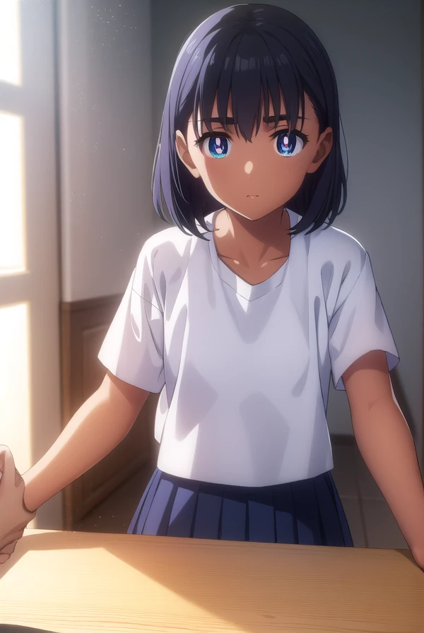 miokofune, <lora:mio kofune s1-lora-nochekaiser:1>,
mio kofune, short hair, blue eyes, black hair, dark skin, dark-skinned female, (bright pupils:1.5),
BREAK skirt, shirt, school uniform, white shirt, short sleeves, pleated skirt, serafuku, socks, blue skirt, white socks,
BREAK indoors, classroom,
BREAK looking at viewer,
BREAK <lyco:GoodHands-beta2:1>, (masterpiece:1.2), best quality, high resolution, unity 8k wallpaper, (illustration:0.8), (beautiful detailed eyes:1.6), extremely detailed face, perfect lighting, extremely detailed CG, (perfect hands, perfect anatomy),