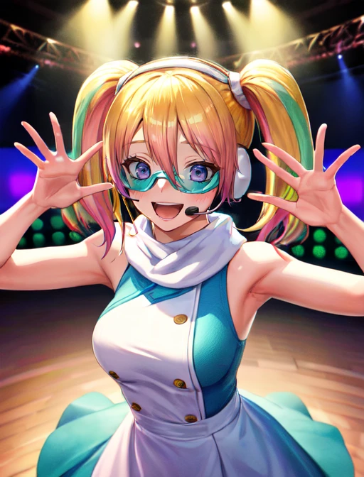 best quality, masterpiece, highres, detailed, digital artwork, <lora:Tools - add_detail:0.2>, HoshinoSora, twintails, (two-toned hair, blonde hair:2, pink hair, green hair), goggles, tinted eyewear, headset, blue and white dress, sleeveless dress, scarf, <lora:Character - HoshinoSora:0.8>, stage, idol, excited,