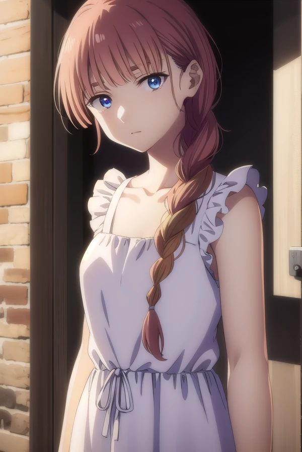 tokikohishigata, <lora:tokiko hishigata s1-lora-nochekaiser:1>,
tokiko hishigata, long hair, bangs, brown hair, blue eyes, braid, blunt bangs, single braid, hair over shoulder,
BREAK collarbone, sleeveless, dress, frilled dress, white dress,
BREAK outdoors,
BREAK looking at viewer,
BREAK <lyco:GoodHands-beta2:1>, (masterpiece:1.2), best quality, high resolution, unity 8k wallpaper, (illustration:0.8), (beautiful detailed eyes:1.6), extremely detailed face, perfect lighting, extremely detailed CG, (perfect hands, perfect anatomy),