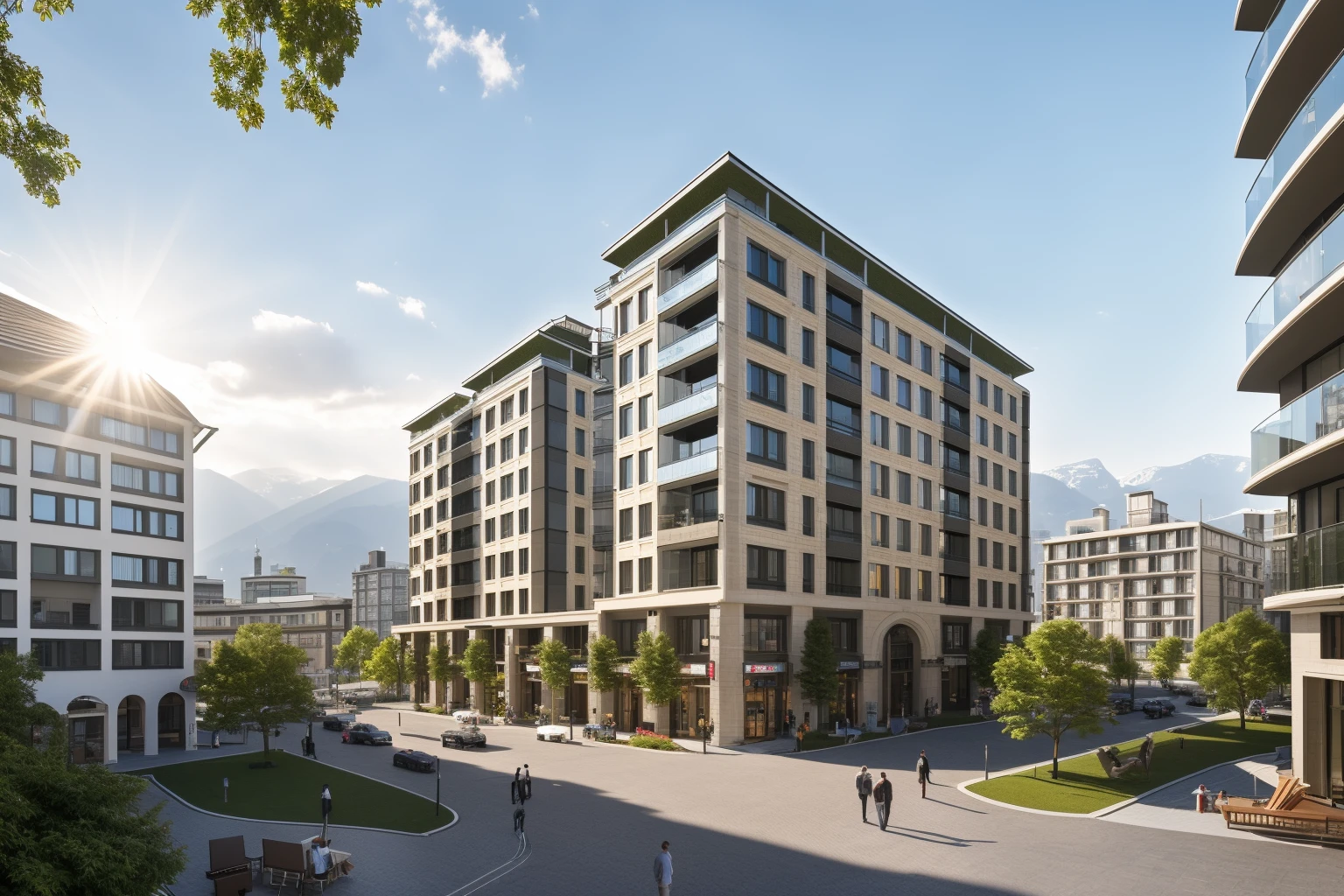 <lora:JJsBuilding_Apartment_V2:.7>, masterpiece , best quality, ((Apartment)),RAW photo, subject, 8k uhd, dslr, soft lighting, high quality, film grain, Fujifilm XT3
outdoors, sky, day, cloud, tree, blue sky, ground vehicle, building, scenery, road, lamppost, real world location, bench, lounge chair, ((curve balcony)), door,entrance,((ivy)), beam,column, window, traffic light, garden,6 floors building,
, lots of trees, sunlight, public blocks,daytime, mountains, public squares, various building facades, lively city streets, enough detail, high resolution, 8k, HD, super realistic, Photorealistic, highly detailed, plaza, <lora:add_detail:-0.8> ,