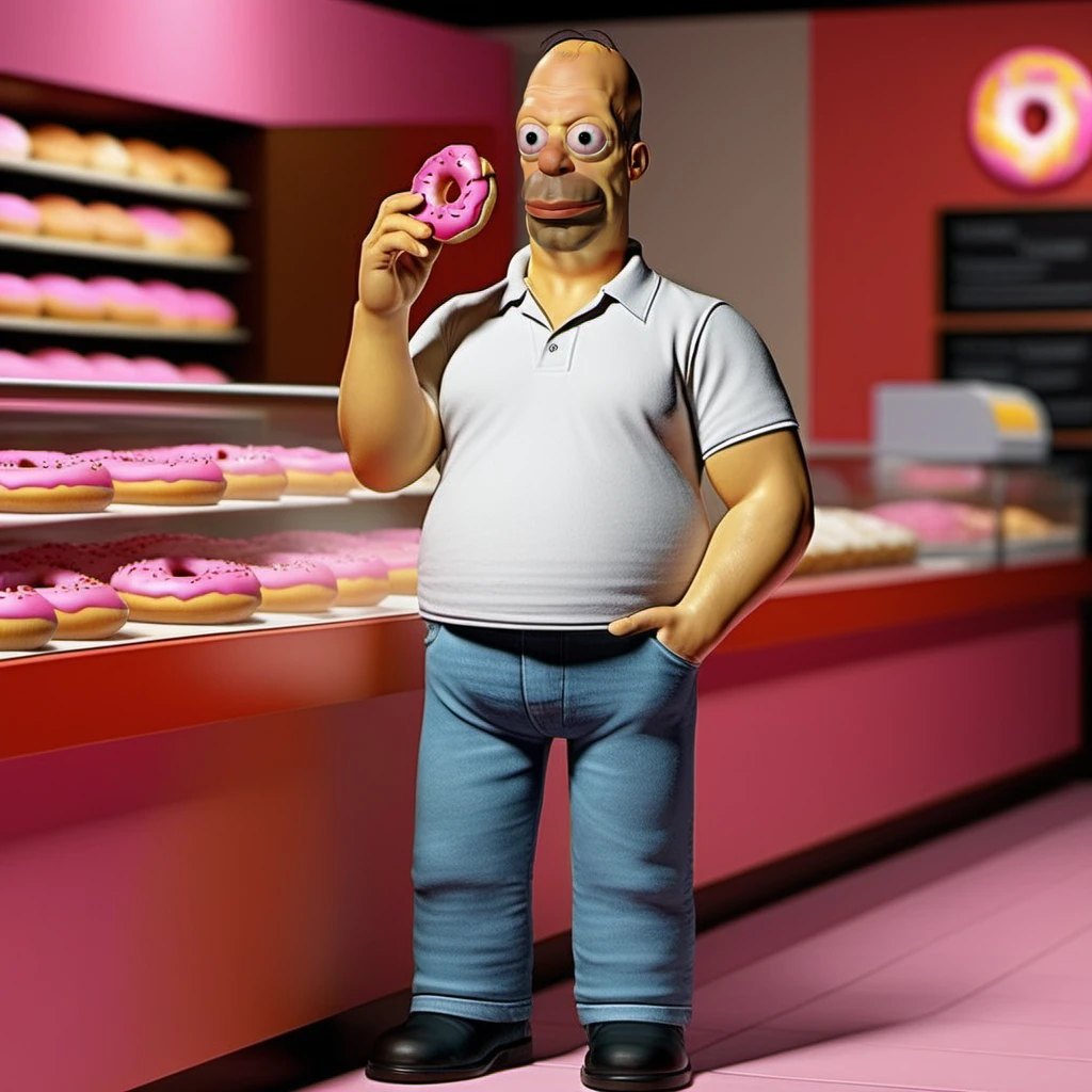 Homer1024, a man with a white shirt and a jean pants, eat a pink donut in a pastry store, highly detailed, photography, ultra sharp, film, bokeh, professional, 64k <lora:Homer1024:0.8>
