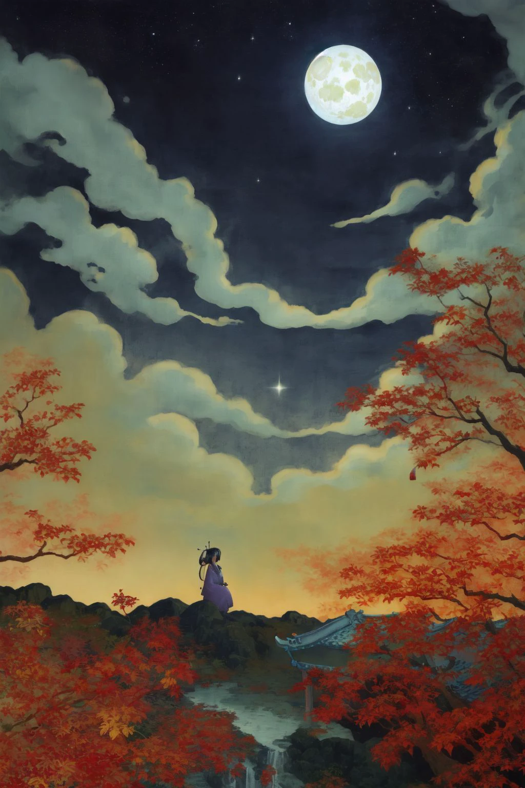 (1girl:1.1), (hanfu:1.1), sheer, silk ribbon, floating in air, blush, happy, small breasts, absurdly long hair, starry sky, full moon, mid-autumn festival, fallen autumn leaves, chinese architecture, (traditional chinese painting \(medium\), flat color, watercolor \(medium\), ink wash painting \(medium\):1.1)  <lora:Antaria_style_v02.125:1>