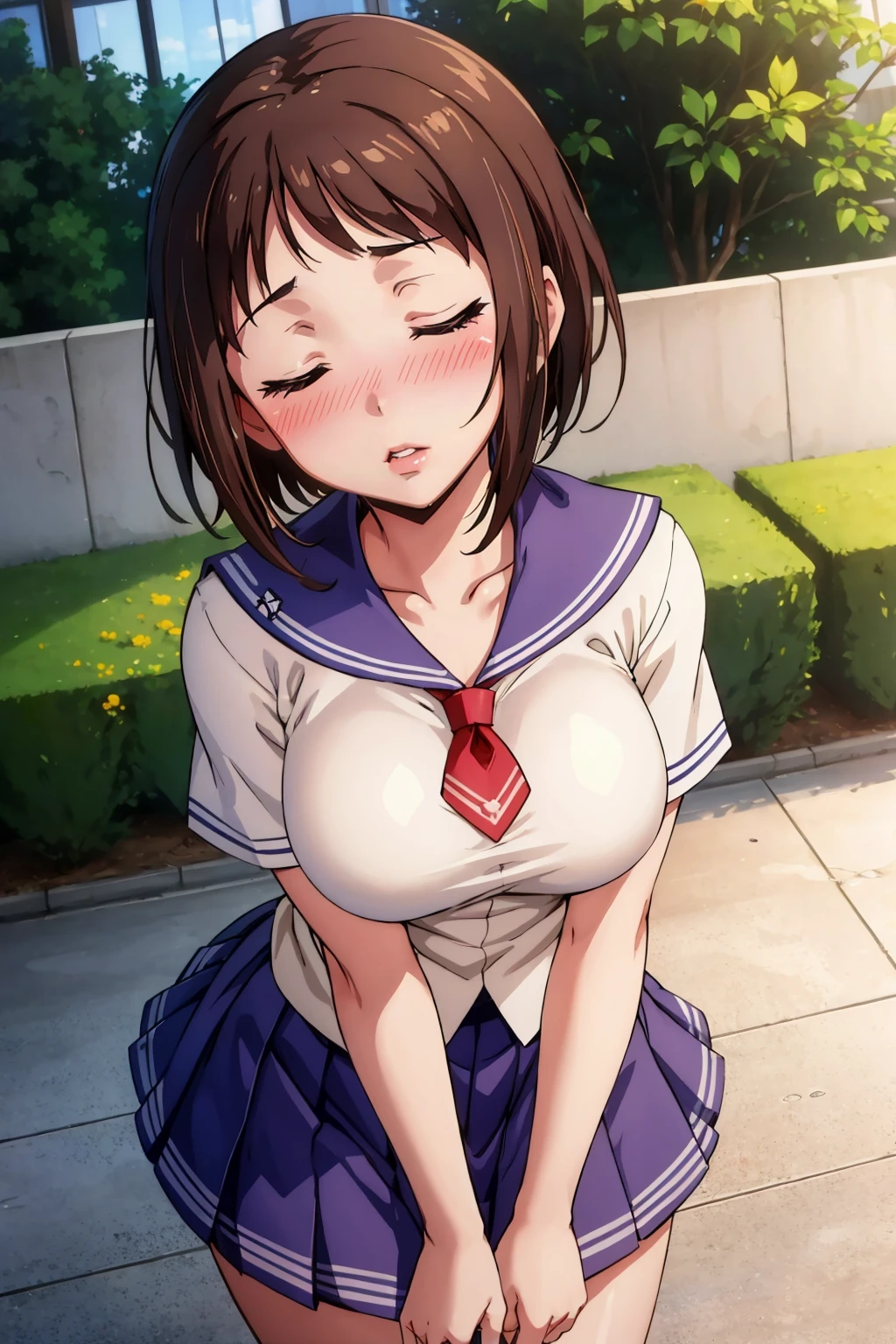 masterpiece, best quality,  <lora:wakanaui-nvwls-v1-000010:0.8> wakana ui, serafuku, short sleeves, blue skirt, large breasts, closed eyes, blush, kissing, from above, looking at viewer, lips