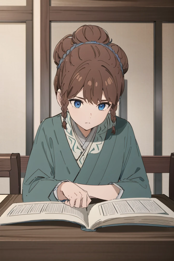 1boy, (Highest picture quality), (Master's work), (ultra-detailed), (Detailed eye description:1.2), (masterpiece, best quality, high quality, highres, ultra-detailed), solo, <lora:Hu-Jia:1>, dark blue eyes, brown hair, braids, asymmetrical bangs, (1bunch:1.3), (1bun on top of head:1.3), sits by the table, chinese room, books, very much books, scrolls, letter brushes